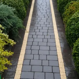 Ścieżka z ciemnoszarej kostki brukowej obramowana jasnym, drobnym kruszywem, prowadząca przez ogród z równo przystrzyżonymi krzewami, w tle furtka.