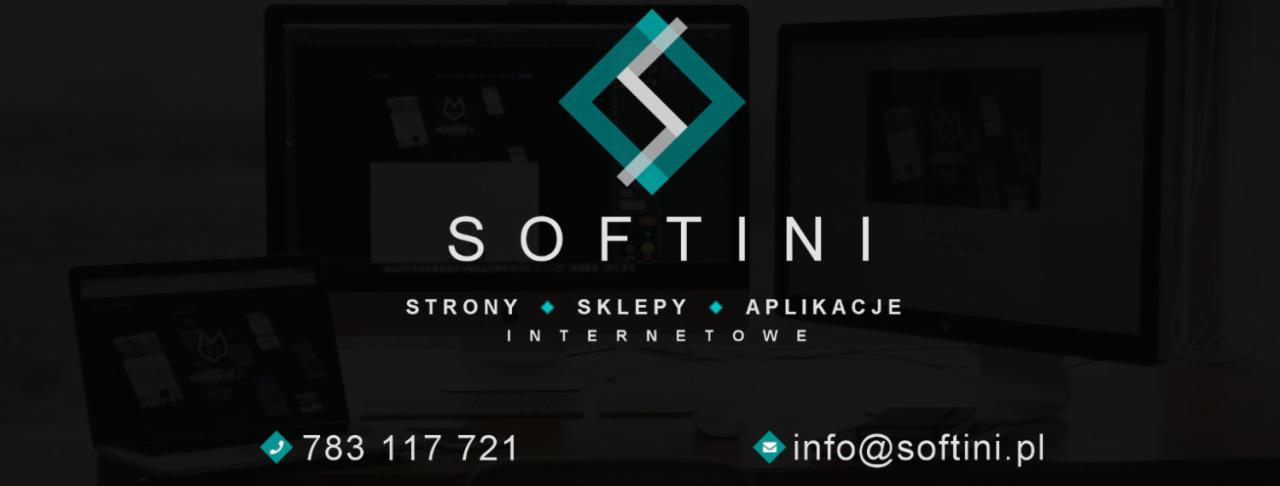 Logo firmy Softini na tle trzech ekranów komputerowych prezentujących ich usługi: strony internetowe, sklepy internetowe i aplikacje.