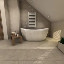 Wizualizacja łazienki w beżowych tonacjach z wolnostojącą wanną, drewnianymi drzwiami z przeszkleniami i grzejnikiem drabinkowym na ścianie.