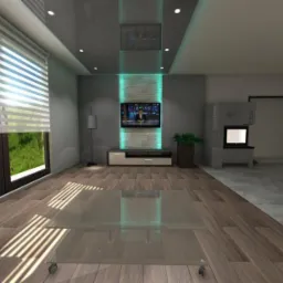 Wizualizacja salonu w Miedźno z drewnianą podłogą i dużym oknem z żaluzjami, przez które wpada światło słoneczne. W tle ściana z telewizorem i podświetleniem LED.