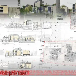 Architektoniczny plan zagospodarowania terenu z przekrojami i elewacjami budynków mieszkalnych, w tym istniejących i nowoprojektowanych, z opisami pomieszczeń i poziomów.