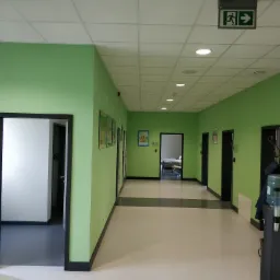 Korytarz w budynku o zielonych ścianach, z widocznymi drzwiami, oświetleniem sufitowym i znakiem ewakuacyjnym.