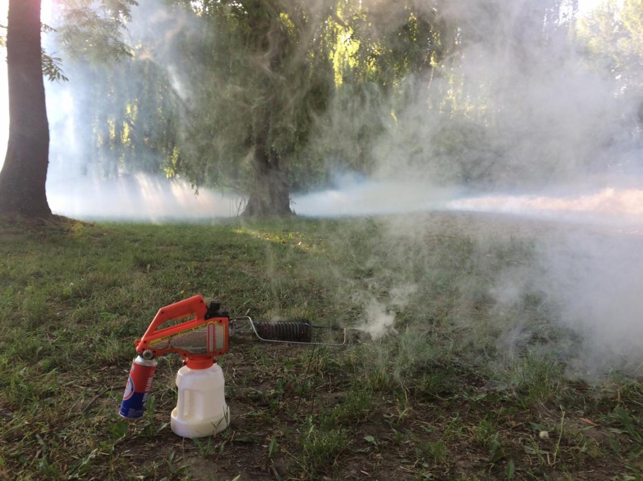 Zamgławiacz termiczny rozpyla gęstą mgłę na trawniku w parku, drzewa w tle