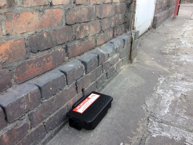 Czarna stacja deratyzacyjna z czerwoną naklejką umieszczona przy ceglanym murze i betonowej posadzce na zewnątrz budynku.