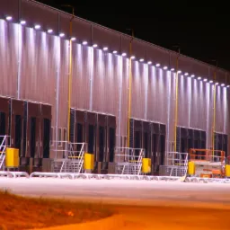 Oświetlony magazyn z rampami załadunkowymi nocą, widoczne zewnętrzne lampy LED oraz żółte rury spustowe