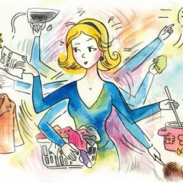 Karykatura kobiety z wieloma rękami wykonującej różne prace domowe: prasowanie, gotowanie, robienie zakupów, sprzątanie, pranie.