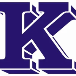 Grafika przedstawiająca stylizowaną, trójwymiarową literę K w kolorze granatowym z białym obramowaniem na białym tle.