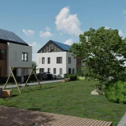 Wizualizacja osiedla domów jednorodzinnych z panelami słonecznymi na dachach, placem zabaw i starannie zagospodarowanym terenem zielonym z elementami małej architektury.