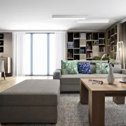 Jasny salon z szarą sofą z poduszkami w kwiaty, stolikiem kawowym z wazonem i filiżanką, pufą, regałem z książkami i dużymi oknami z białymi zasłonami.