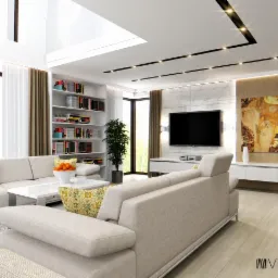 Jasny salon z dwoma sofami, białą biblioteczką, marmurową ścianą z telewizorem i obrazem Klimta, oświetleniem punktowym oraz rośliną doniczkową.