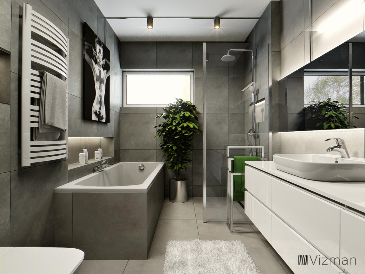 Nowoczesna łazienka z szarymi płytkami, białą armaturą, kabiną prysznicową ze szkła, grzejnikiem drabinkowym z ręcznikiem, abstrakcyjnym obrazem na ścianie i rośliną doniczkową.