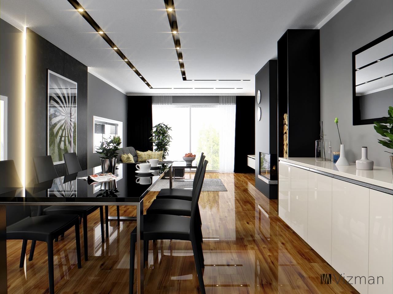 Eleganckie wnętrze jadalni z czarnym stołem i krzesłami, drewnianą podłogą, kominkiem i białym kredensem, oświetlone listwami LED w suficie.