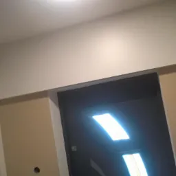 Widok na wnętrze z zamontowanymi drzwiami wejściowymi, widoczna ściana w kolorze beżowym, biała listwa nad drzwiami i biała szafa przesuwna po lewej stronie.