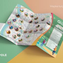 Falcontent - Rozłożona, ilustrowana mapka turystyczna Opola prezentująca atrakcje miasta, z grafikami budynków i punktów orientacyjnych, na tle w odcieniach zieleni i beżu.