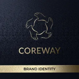 Elegancki projekt logo Coreway na teksturowanym, ciemnym tle, z symbolem czterech dłoni tworzących okrąg i złotym paskiem z napisem 'Brand Identity'.