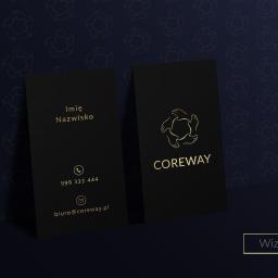 Falcontent - Dwie czarne wizytówki z pozłacanym tekstem i logo na ciemnoniebieskim tle z subtelnym wzorem dłoni.