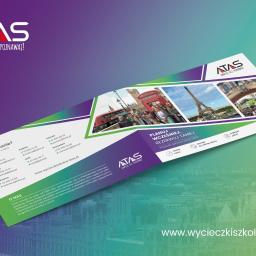 Falcontent - Rozłożona broszura reklamowa firmy ATAS z ofertą wycieczek szkolnych, z widocznymi zdjęciami atrakcji turystycznych z Londynu i Paryża.