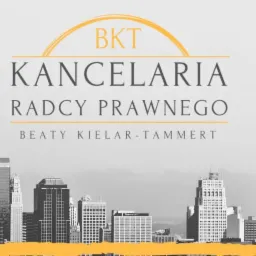 Logo Kancelarii Radcy Prawnego BKT Beaty Kielar-Tammert z Wrocławia na tle panoramy miasta w odcieniach szarości, z żółtymi akcentami graficznymi.