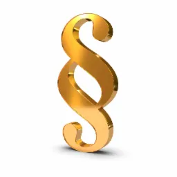 Złoty paragraf na białym tle, z subtelnym cieniem, symbolizuje prawo i usługi prawne. Minimalistyczne ujęcie, z połyskiem podkreślającym profesjonalizm.