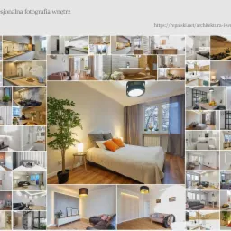 Kolaż prezentujący r&oacute;żne wnętrza: sypialnie, kuchnie, łazienki, salony, ukazane w neutralnej kolorystyce z akcentami kolorystycznymi i r&oacute;żnorodnym oświetleniem.