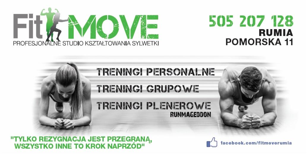 Plakat reklamowy studia kształtowania sylwetki Fit MOVE z Rumii, oferującego treningi personalne, grupowe i plenerowe, z hasłem motywacyjnym i danymi kontaktowymi.