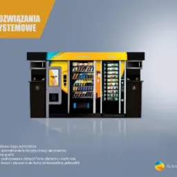 Zestaw automatów vendingowych z napojami, przekąskami i kawą, z panelem dotykowym, w nowoczesnej obudowie z elementami graficznymi.