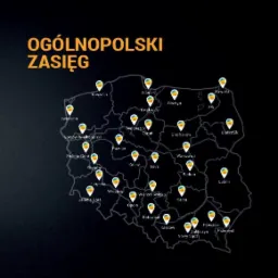 Mapa Polski z zaznaczonymi miastami, symbolizującymi ogólnopolski zasięg usług.