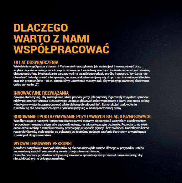Tekst reklamowy firmy podkreślający 18 lat doświadczenia, innowacyjne rozwiązania, budowanie relacji biznesowych i wykwalifikowany personel.