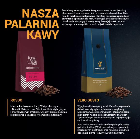 Dwa eleganckie opakowania kawy ziarnistej, Rosso i Vero Gusto, prezentowane obok siebie na ciemnym tle, z rozsypanymi ziarnami kawy u podstawy każdego opakowania. Opakowanie Rosso w odcieniach...