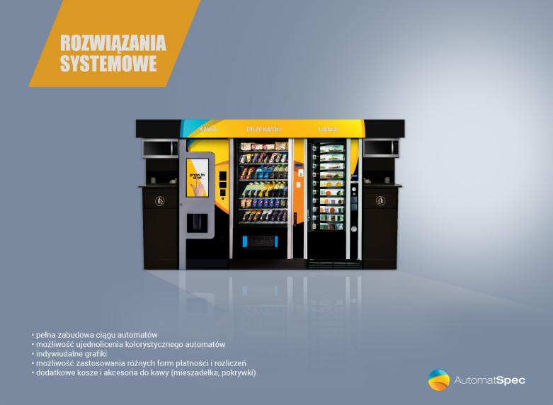 Zestaw automatów vendingowych z napojami, przekąskami i kawą, z panelem dotykowym, w nowoczesnej obudowie z elementami graficznymi.