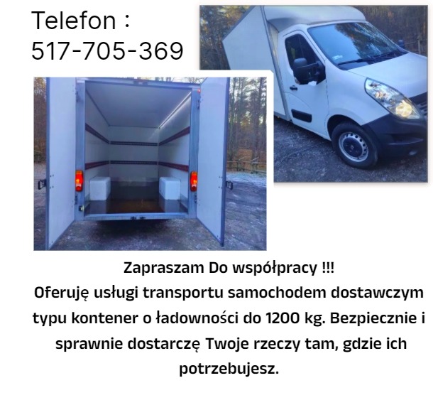 Biały samochód dostawczy z otwartymi tylnymi drzwiami, widoczne wnętrze kontenera i dwa białe prostopadłościany, dodatkowo w tle zdjęcie tego samego samochodu z boku.