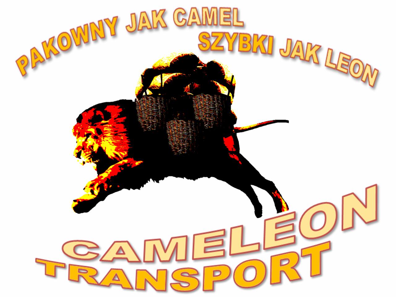 Stylizowany, cyfrowo przetworzony wizerunek lwa biegnącego z obciążeniem w koszach na grzbiecie, z napisem 'PAKOWNY JAK CAMEL SZYBKI JAK LEON' powyżej i 'CAMELEON TRANSPORT' poniżej, wszystko...