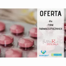 Blister z różowymi tabletkami, obok oferta dla firm farmaceutycznych z logotypami Futura Polska, Suecos i Oxypas.