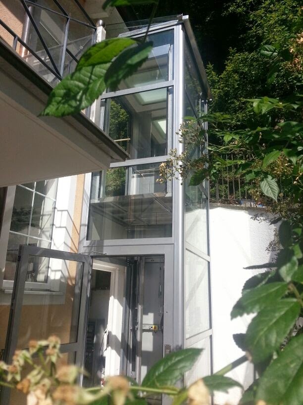 Zewnętrzna przeszklona konstrukcja szybu windowego przy budynku mieszkalnym, widok z dołu przez liście krzewu, drzwi otwarte na parterze.