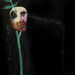 Ekspresjonistyczny portret kobiety z elementami roślinnymi, namalowany grubymi pociągnięciami pędzla na czarnym tle, z odważnym użyciem bieli, różu i brązów na twarzy oraz zielonych łodyg i liści.