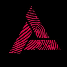 Stylizowany, różowy odcisk palca ułożony w kształt trójkąta na czarnym tle.