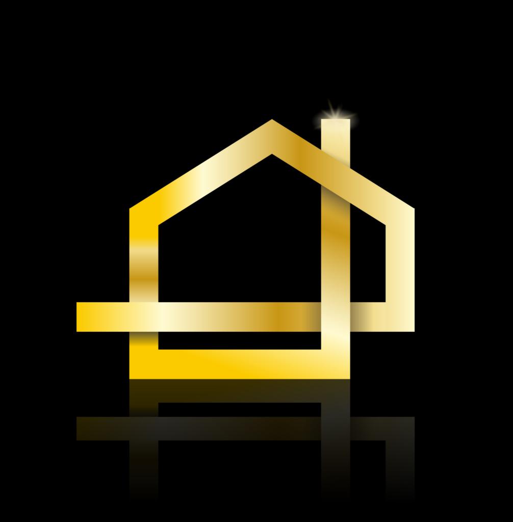 Złoty, linearny symbol domu z kominem, odbijający się na czarnym tle.