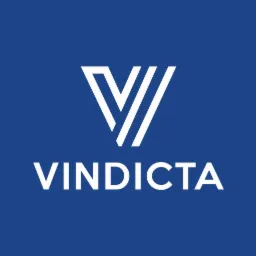 Logo firmy z nazwą 'VINDICTA' i symbolem w kształcie litery V utworzonym z trzech białych linii na niebieskim tle.