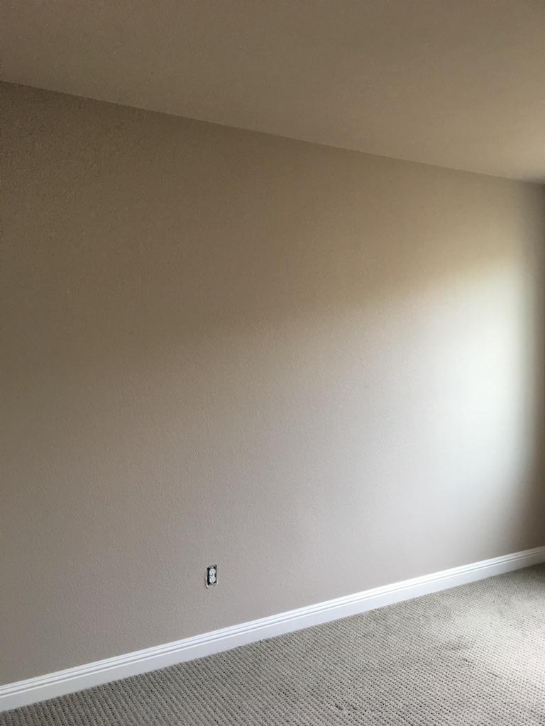 Beżowa ściana z gniazdkiem elektrycznym i białą listwą przypodłogową, szary dywan na podłodze, widok na róg pokoju.