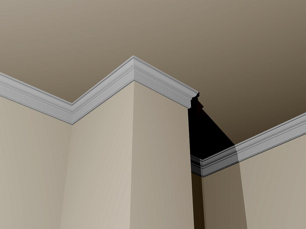 Szczegółowe ujęcie narożnika pokoju z zamontowaną białą listwą dekoracyjną przysufitową, widoczne łączenie listew pod kątem prostym, beżowe ściany i sufit.