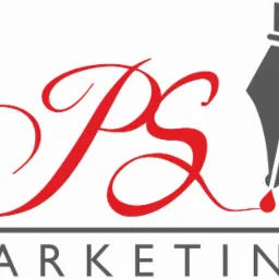 Logo firmy 'PS Marketing' z czerwoną, ozdobną czcionką 'PS' i szarym rysunkiem pióra wiecznego nad szarym napisem 'MARKETING'.