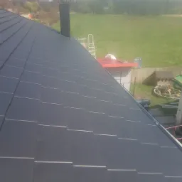 Ciemnoszary dach z dachówki bitumicznej z widocznym kominem i elementami otoczenia, w tym drabina, budynki gospodarcze i zielone trawniki.