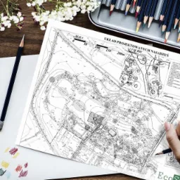 Ręcznie rysowany plan zagospodarowania terenu ogrodu z układem projektowanych nasadzeń, kolorowe kredki, ołówki i kwiaty na drewnianym biurku.