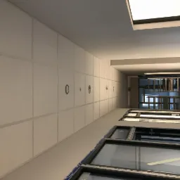 Wnętrze korytarza w trakcie prac wykończeniowych, widok z dołu na sufit z zamontowaną płytą kartonowo-gipsową z widocznymi otworami na oświetlenie, drabina ustawiona w dalszej części korytarza.