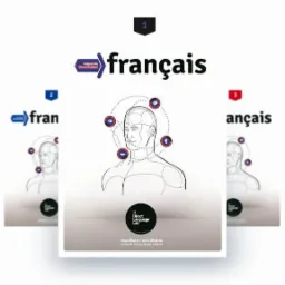 Trzy okładki podręczników do nauki języka francuskiego, z ilustracją głowy i symbolami.