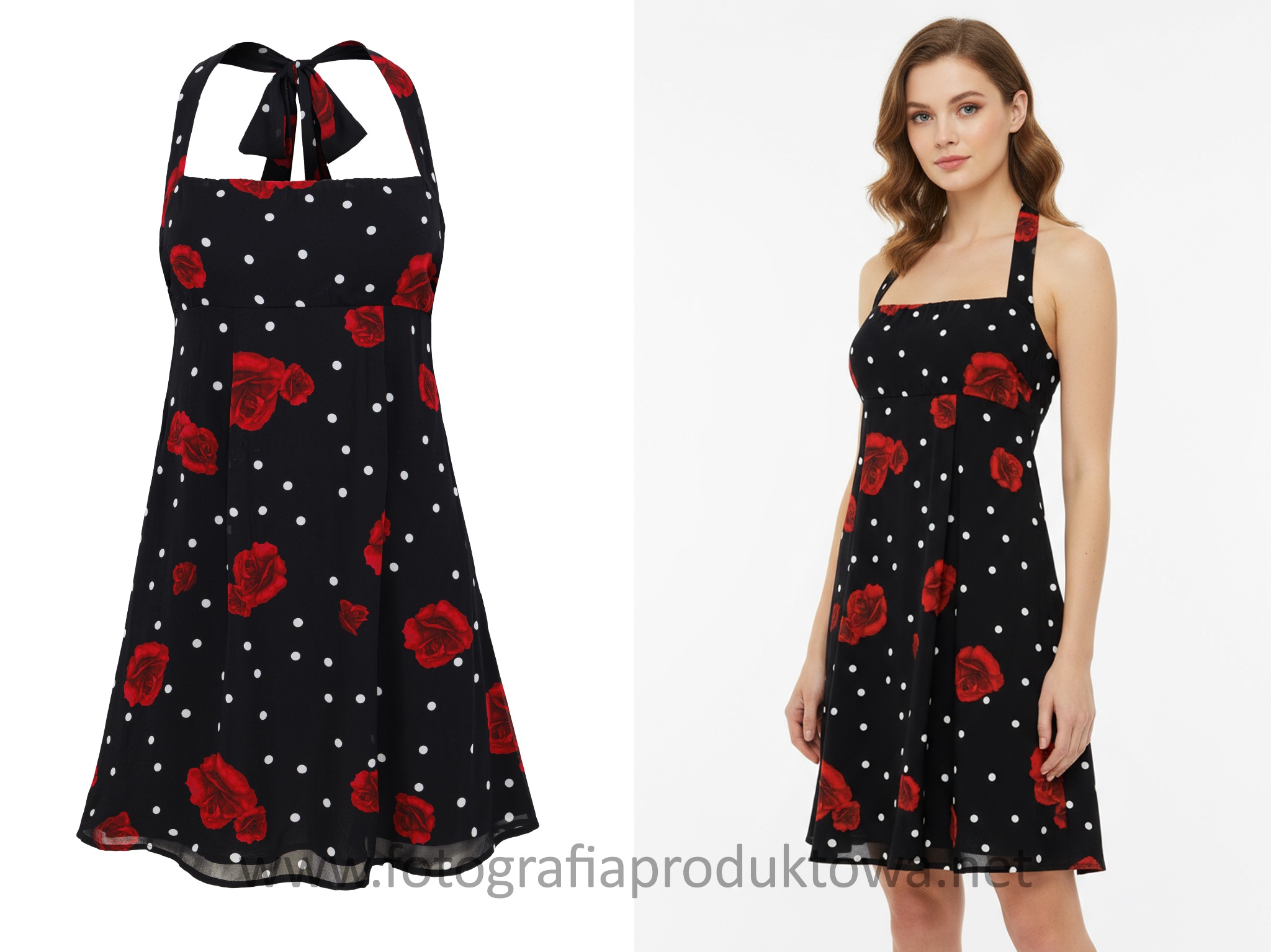 Sukienka w groszki i róże: prezentacja na modelce i solo, na białym tle. Widoczne detale kroju i wzoru. Styl retro, elegancki.