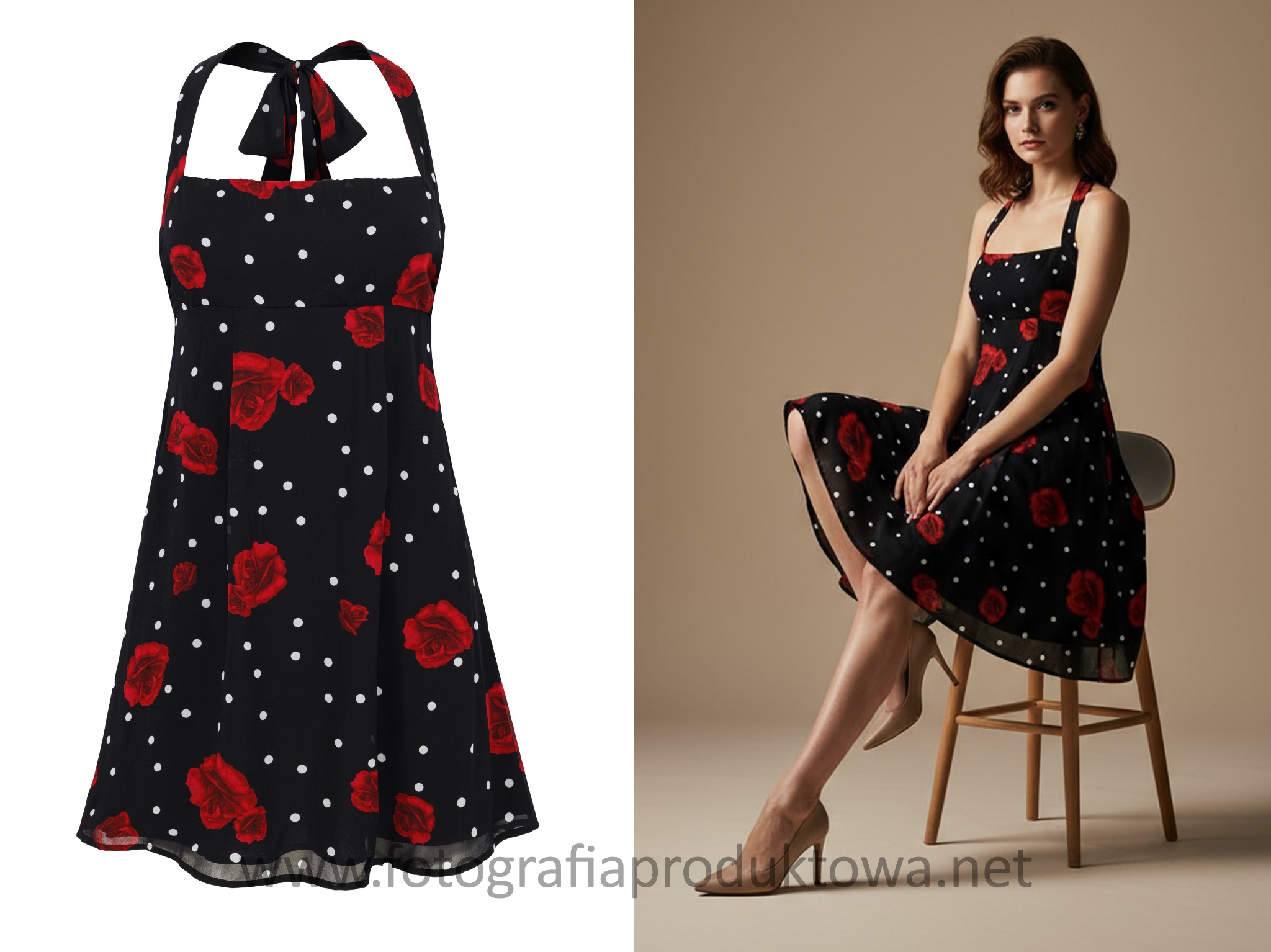 Sukienka w stylu retro, czarna w białe kropki i czerwone róże, prezentowana na modelce AI siedzącej na krześle. Z boku widoczna sukienka bez modelki.