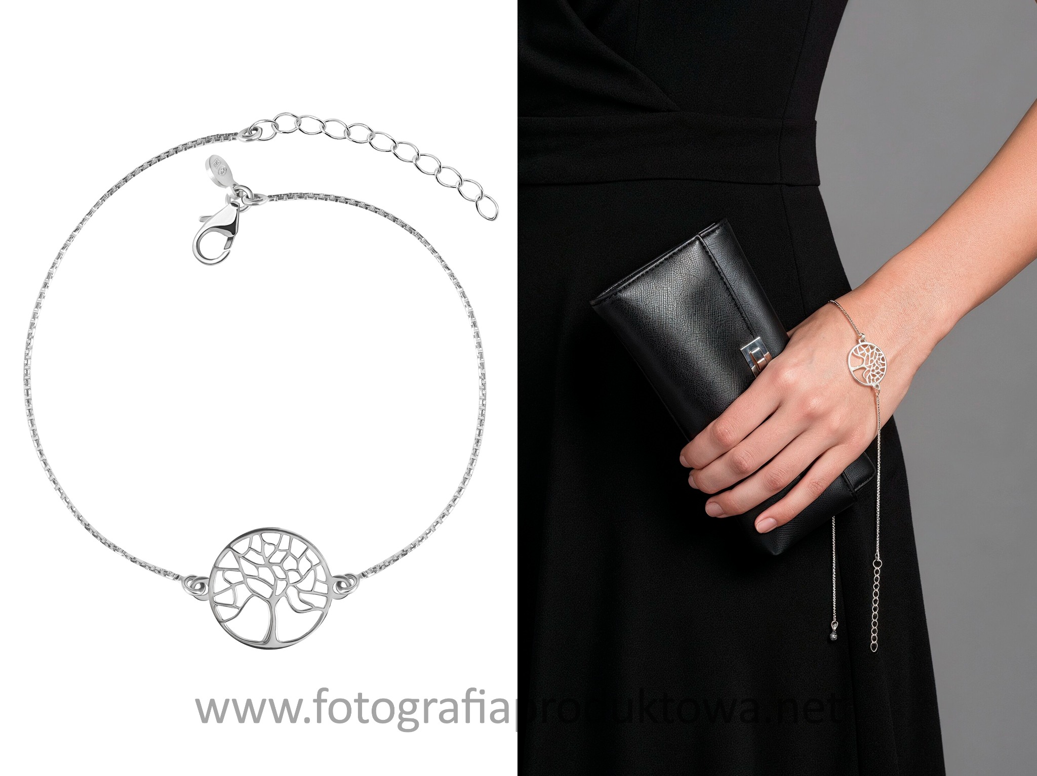 Srebrna bransoletka z motywem drzewa na kobiecej ręce, z czarną sukienką i torebką w tle. Fotografia produktowa biżuterii.