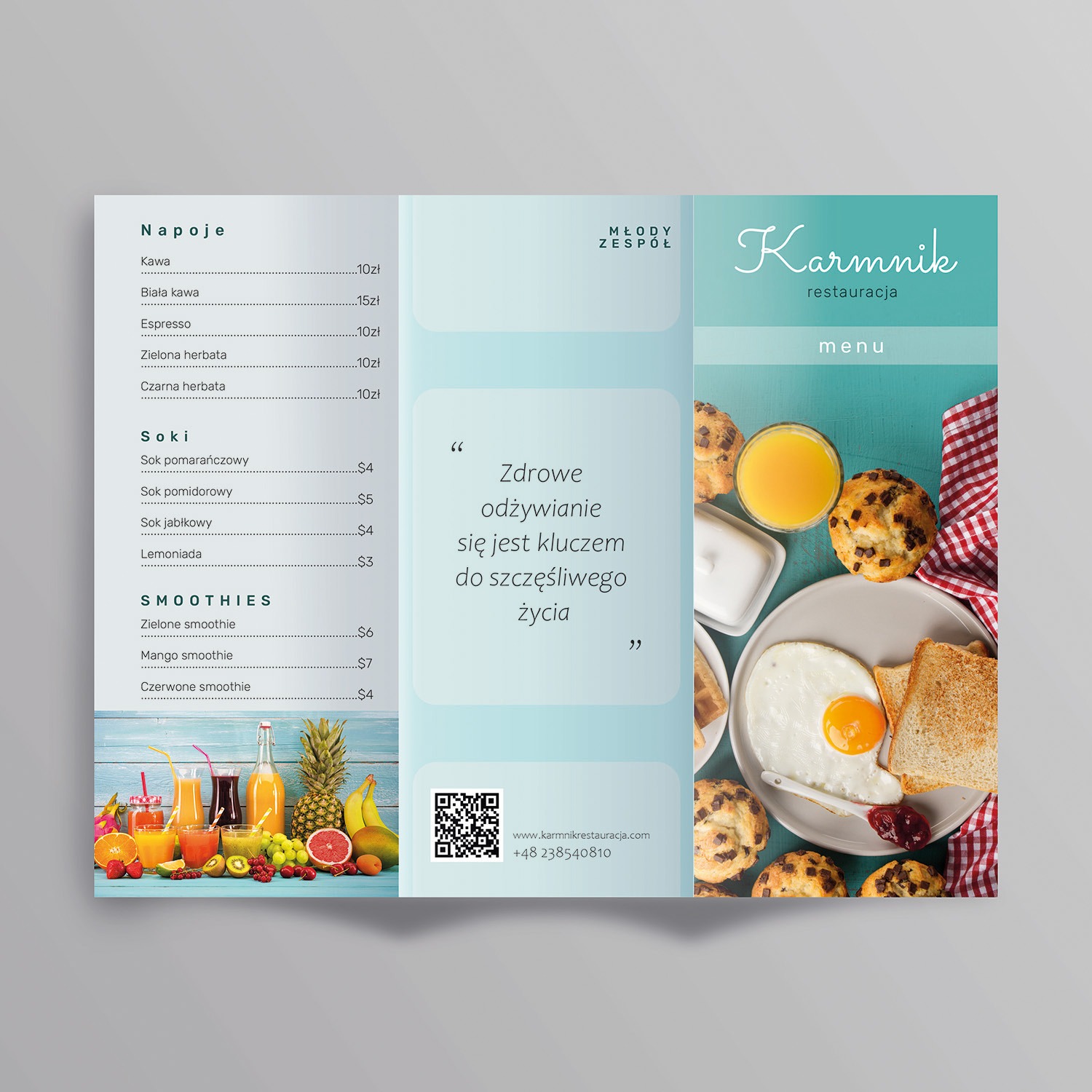 Menu restauracji Karmnik z ofertą napojów, soków, smoothie i śniadań. Grafika w odcieniach błękitu z elementami fotografii kulinarnej.