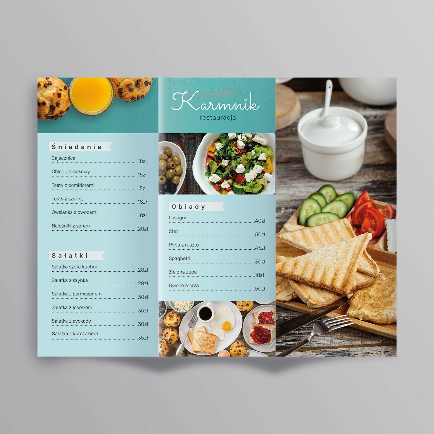 Eleganckie menu restauracji 'Karmnik' z apetycznymi zdjęciami dań śniadaniowych, obiadowych i sałatek, prezentujące ceny i nazwy potraw na turkusowym tle.
